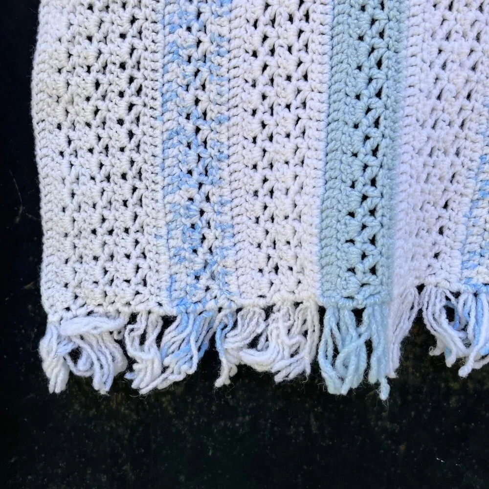 Hand Crochet Blue White Stripe Pearlized Thread Baby Blanket 36